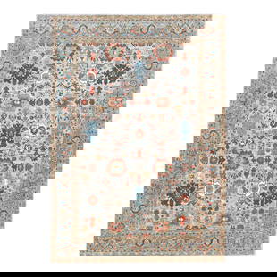 Modern Gray Wool Rug 10'2 x 14'3 Multicolor Floral Design: Modern Gray Wool Rug 10'2 x 14'3 Multicolor Floral Design Enhance your living space with this modern handcrafted wool rug that features a stylish gray field and a striking blue frame. The vibrant