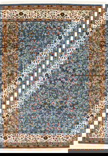 Hand-Knotted Teal Blue Kirman Rug 5'8 x 7'5 Floral Design Wool: Hand-Knotted Teal Blue Kirman Rug 5'8 x 7'5 Floral Design Wool Enhance your living space with this exquisite 6X8 ft hand-knotted teal blue Kirman Oriental rug, featuring a classic floral design.