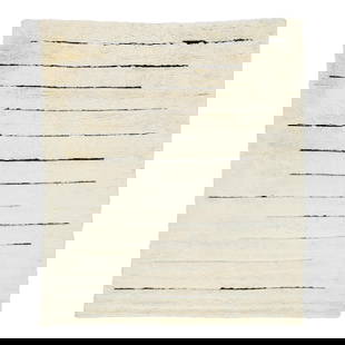 Ivory Moroccan Hand-Knotted Wool Rug 8'4 x 9'9 with Stripes: Ivory Moroccan Hand-Knotted Wool Rug 8'4 x 9'9 with Stripes Add a touch of elegance and modernity to your space with this exquisite Moroccan hand-knotted plush wool rug. The rug showcases an ivory