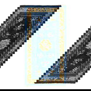 Antique Peking Wool Rug Blue Dragon Design 3'1" x 5'11": Antique Peking Wool Rug Blue Dragon Design 3'1" x 5'11" This stunning antique Peking Chinese hand-knotted wool rug features a rich navy blue field adorned with vibrant yellow accents showcasing