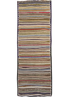 Vintage Persian Hand-Knotted Kilim Rug 3'5 x 9'4 Black Wool: Vintage Persian Hand-Knotted Kilim Rug 3'5 x 9'4 Black Wool This mid-20th century vintage Persian hand-knotted kilim rug features a striking striped design on a black field, accented with vibrant