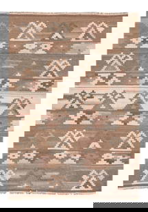 Modern Kilim Hand-Knotted Wool Rug 4'9 x 6'8 Ivory Geometric Design: Modern Kilim Hand-Knotted Wool Rug 4'9 x 6'8 Ivory Geometric Design Enhance your living space with this beautiful Modern Kilim Hand-knotted wool rug, showcasing an elegant ivory, brown, and gray