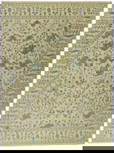 Hand-Knotted Silver Ivory Floral Area Rug 9x12 ft Modern Design: Hand-Knotted Silver Ivory Floral Area Rug 9x12 ft Modern Design Enhance your living space with this exquisite Hand-Knotted Silver & Ivory Osh Chobi Rug, perfect for your living room, bedroom, or
