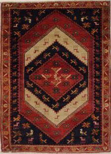 Vintage 3'4 x 4'8 Handmade Tribal Animal Design Wool Rug: Vintage 3'4 x 4'8 Handmade Tribal Animal Design Wool Rug This semi-antique handmade tribal area rug features a stunning animal design that brings warmth and character to your home decor. Crafted