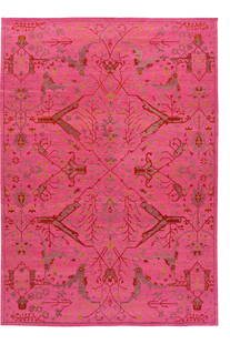 Contemporary Indian Soumak Wool Rug 10' x 14' Hot Pink: Contemporary Indian Soumak Wool Rug 10' x 14' Hot Pink This stunning contemporary Indian Soumak style rug features a vibrant hot pink field adorned with red and gray accents, showcasing an all-over