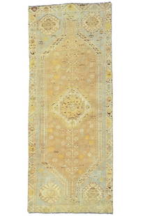 Vintage 1960s 3'11 x 9'3 Wool Tribal Runner Rug Geometric Pattern: Vintage 1960s 3'11 x 9'3 Wool Tribal Runner Rug Geometric Pattern Enhance your living space with this stunning vintage wool tribal runner rug, featuring a beautifully muted color palette of peach,
