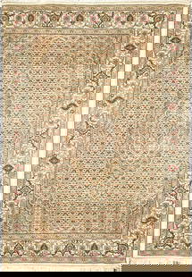 Handmade 4.11 x 7.1 Wool Silk Mahi Tabriz Area Rug: Handmade 4.11 x 7.1 Wool Silk Mahi Tabriz Area Rug Discover the exquisite beauty of the 4.11 x 7.1 Wool and Silk Mahi Tabriz Rug, a masterpiece of Persian craftsmanship. Handwoven by skilled artisans