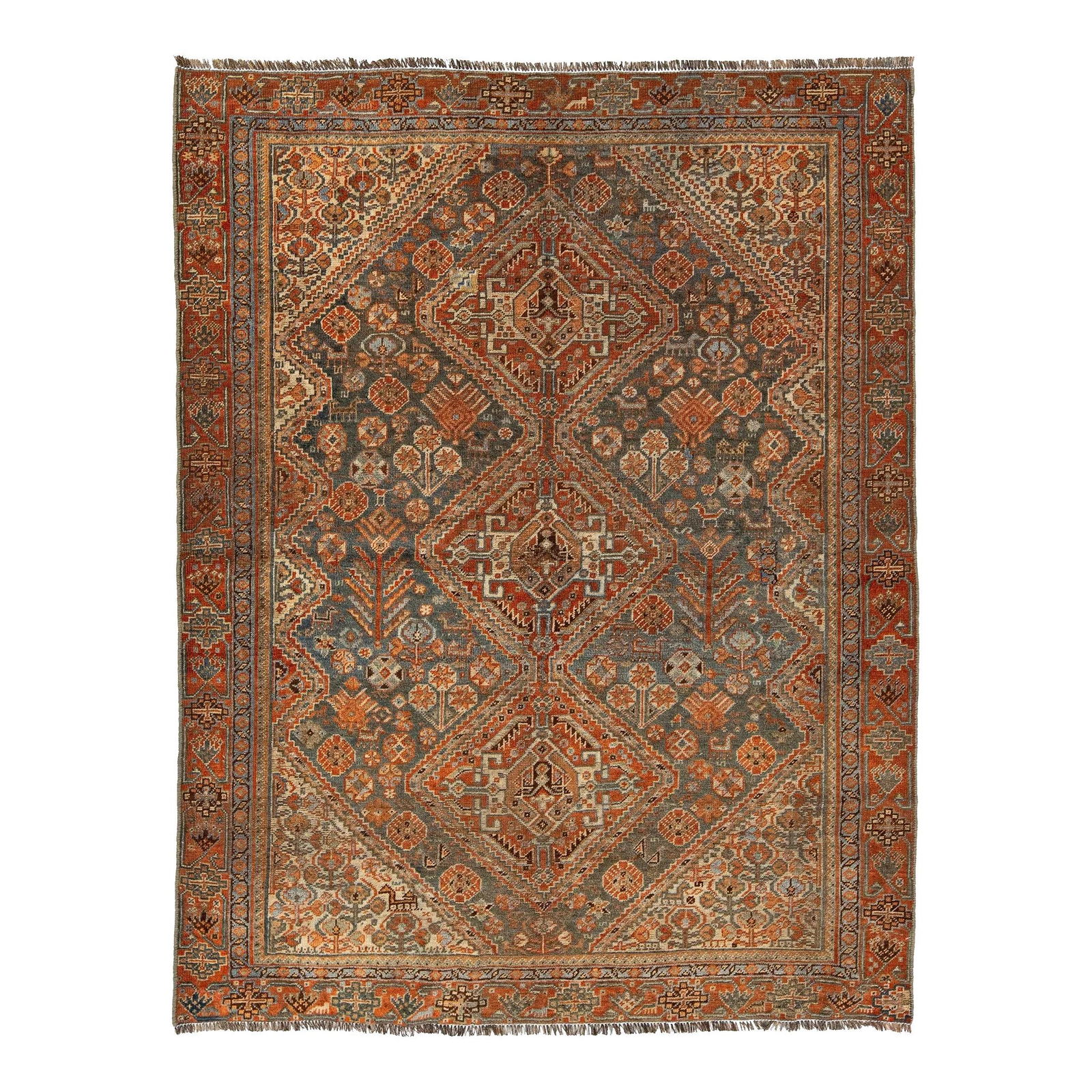Antique Persian Shiraz Wool Rug Tribal Design Blue Rust Accents 4'4 x 5'7: Antique Persian Shiraz Wool Rug Tribal Design Blue Rust Accents 4'4 x 5'7 This Antique Persian Shiraz wool rug features a captivating allover tribal design with elegant beige and rust accents set agai