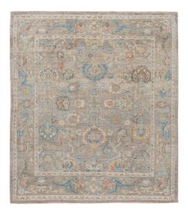 Modern Sultanabad Hand Knotted Wool Rug 8'2 x 9'4 Gray Beige Floral: Modern Sultanabad Hand Knotted Wool Rug 8'2 x 9'4 Gray Beige Floral Enhance your space with this exquisite modern Sultanabad hand knotted square wool rug, featuring a sophisticated gray and beige