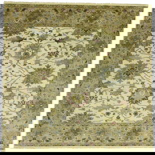 Handmade Floral Cream Oushak Chobi Rug 8x8 ft Square Wool Area Rug: Handmade Floral Cream Oushak Chobi Rug 8x8 ft Square Wool Area Rug Elevate your living space with this exquisite 8'1" x 7'11" square cream Oushak Chobi rug, expertly hand-knotted from high-quality