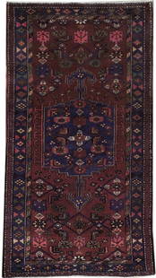 3'7" x 6'9" Handmade Red Semi-Antique Persian Hamadan Area Rug: 3'7" x 6'9" Handmade Red Semi-Antique Persian Hamadan Area Rug Discover the beauty of this 3' 7" x 6' 9" Red Semi-Antique Persian Hamadan Rug, handcrafted by skilled artisans in the Hamadan region of