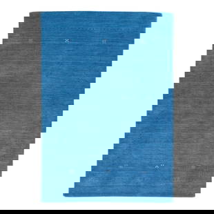 Blue Handmade Wool Gabbeh Minimalist Rug 4'2" x 6'1": Blue Handmade Wool Gabbeh Minimalist Rug 4'2" x 6'1" Enhance your space with this beautiful modern Gabbeh style hand-loomed wool rug, featuring a striking blue field and a stunning minimalist