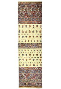 Handmade Cream Floral Kazak Peshawar Runner Rug 2'8 x 9'9 ft Wool
