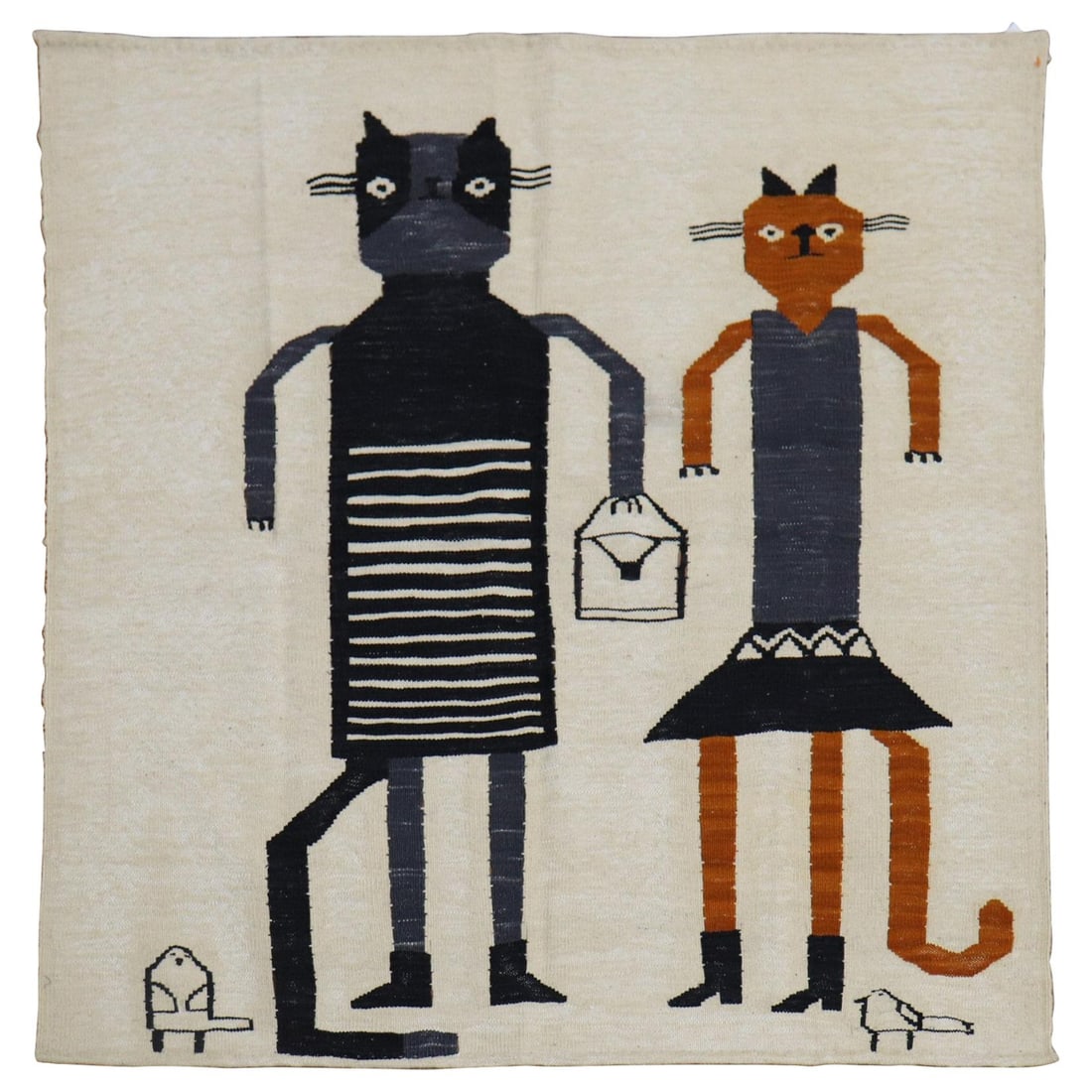 Whimsical Persian Cat Shopper Flat-Weave Rug 42x42 Hand-Woven Wool: Whimsical Persian Cat Shopper Flat-Weave Rug 42x42 Hand-Woven Wool This charming Persian flat-weave features a delightful folk art design showcasing two cats on a shopping adventure against a beige ba