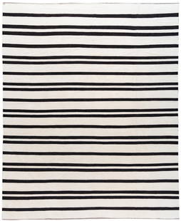 Oversized Black and White Striped Wool Kilim Rug 14'3" x 17'7": Oversized Black and White Striped Wool Kilim Rug 14'3" x 17'7" Enhance your living space with this oversized Modern Flatweave Black and White Striped Kilim Rug. Crafted from high-quality wool, this