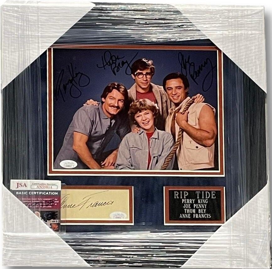 Riptide Cast Framed Autographed 8x10 Photo JSA Authenticated: Riptide Cast Framed Autographed 8x10 Photo JSA Authenticated This unique framed 8x10 photograph features the autographs of Perry King, Thom Bray, Joe Penny, and Anne Francis, all from the beloved tele
