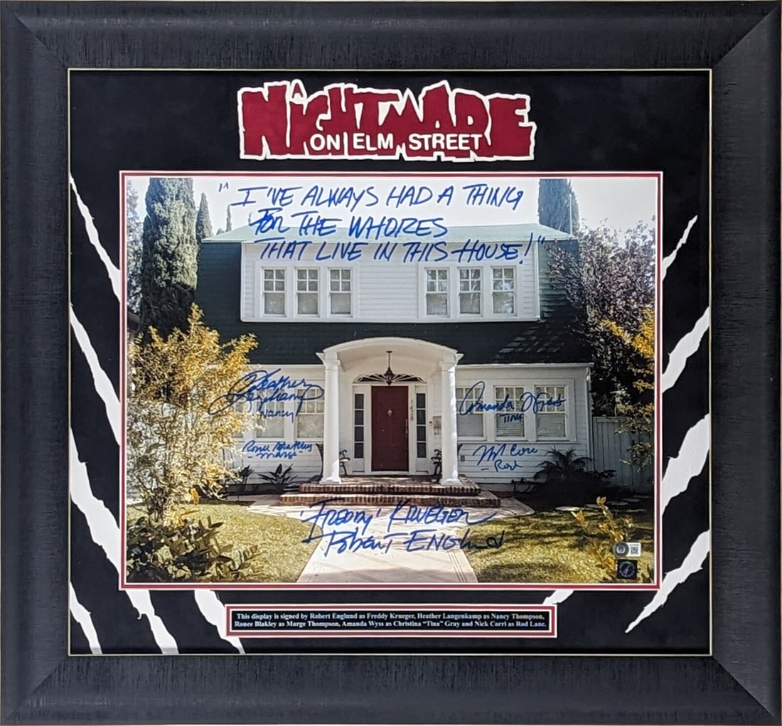 A Nightmare On Elm Street Signed 16x20 Framed Photo with 5 Autographs BAS: A Nightmare On Elm Street Signed 16x20 Framed Photo with 5 Autographs BAS This stunning 16x20 framed photograph features autographs from iconic actors Robert Englund, Heather Langenkamp, Ronee Blakely