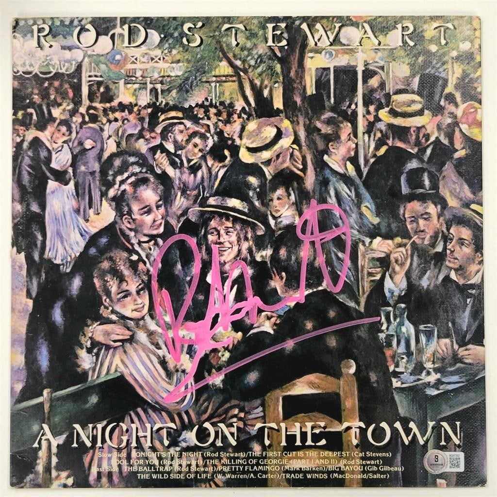 Rod Stewart A Night on the Town Vinyl Album Signed Beckett Authenticated: Rod Stewart A Night on the Town Vinyl Album Signed Beckett Authenticated This is an original vinyl album cover of "A Night on the Town" by Rod Stewart, featuring his authentic signature. The autograph