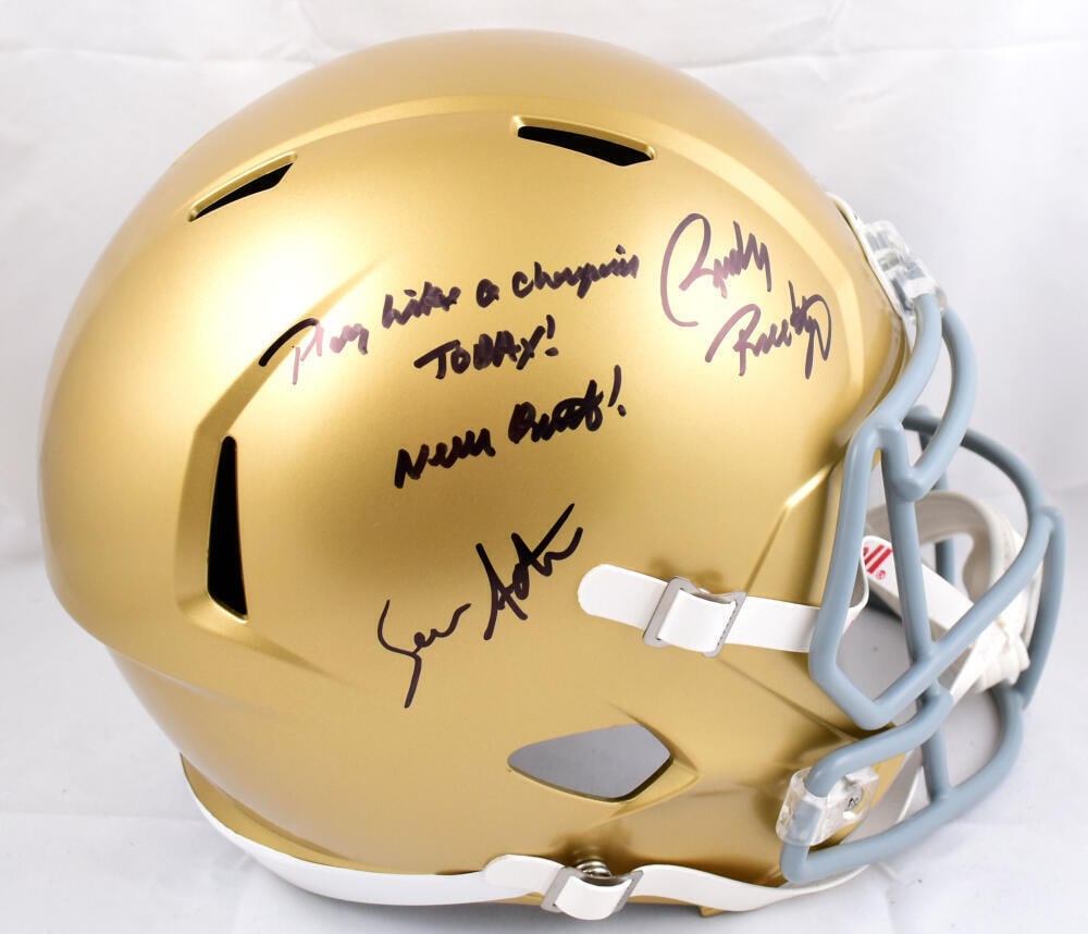 Rudy Ruettiger Sean Astin Signed Notre Dame F/S Speed Helmet with Inscriptions BAS: Rudy Ruettiger Sean Astin Signed Notre Dame F/S Speed Helmet with Inscriptions BAS This is an original Notre Dame full-size speed helmet, signed by the legendary Rudy Ruettiger and actor Sean Astin. T