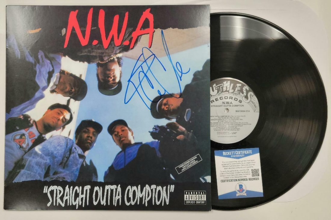 Ice Cube Signed NWA Straight Outta Compton Vinyl Album Beckett COA: Ice Cube Signed NWA Straight Outta Compton Vinyl Album Beckett COA This original vinyl record album features the iconic 'NWA Straight Outta Compton' and is signed by Ice Cube. The autograph has been a