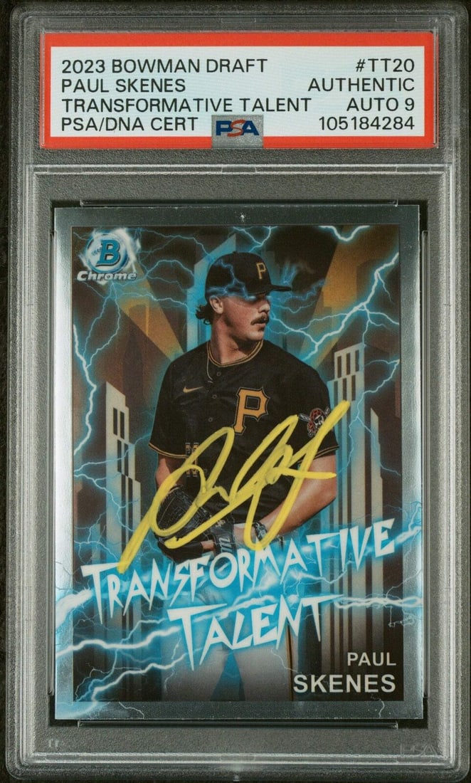 2023 Topps Bowman Draft Paul Skenes PSA Auto Grade 9 Baseball Card: 2023 Topps Bowman Draft Paul Skenes PSA Auto Grade 9 Baseball Card This graded 2023 Topps Bowman Draft baseball card features Paul Skenes, a standout player for the Pittsburgh Pirates. The card holds 