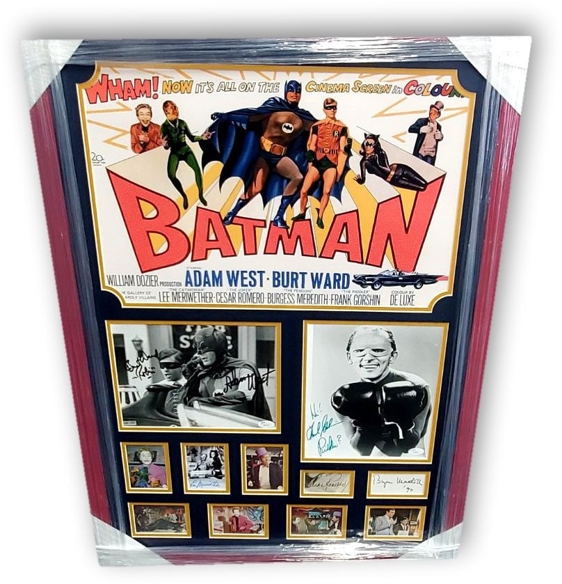 1966 Batman TV Collage with 6 Signatures 25x34 Framed Adam West Burt Ward GAI Authenticated: 1966 Batman TV Collage with 6 Signatures 25x34 Framed Adam West Burt Ward GAI Authenticated This impressive custom framed collage features autographs from six iconic cast members of the 1966 Batman TV