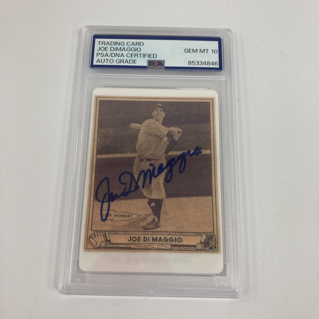 1940 Play Ball Joe DiMaggio Signed Rookie Card PSA 10 Gem Mint: 1940 Play Ball Joe DiMaggio Signed Rookie Card PSA 10 Gem Mint This is a 1940 Play Ball Joe DiMaggio "Yankee Clipper" signed porcelain baseball card, featuring a hard signature from the legendary play
