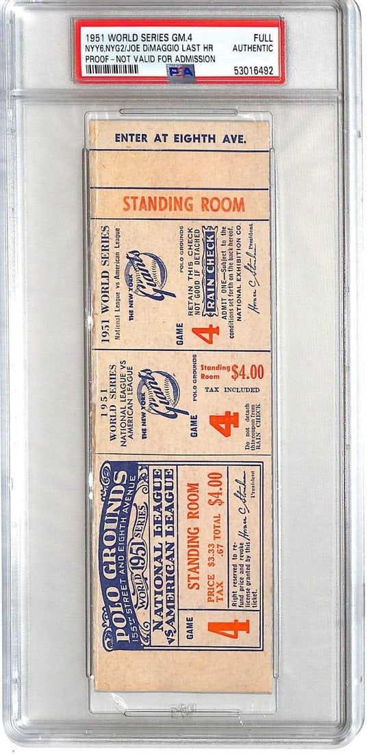 1951 World Series Game 4 Ticket Joe DiMaggio Last HR Authentic: 1951 World Series Game 4 Ticket Joe DiMaggio Last HR Authentic This is an original proof ticket from Game 4 of the 1951 World Series featuring a historic matchup between the New York Giants and the Ne