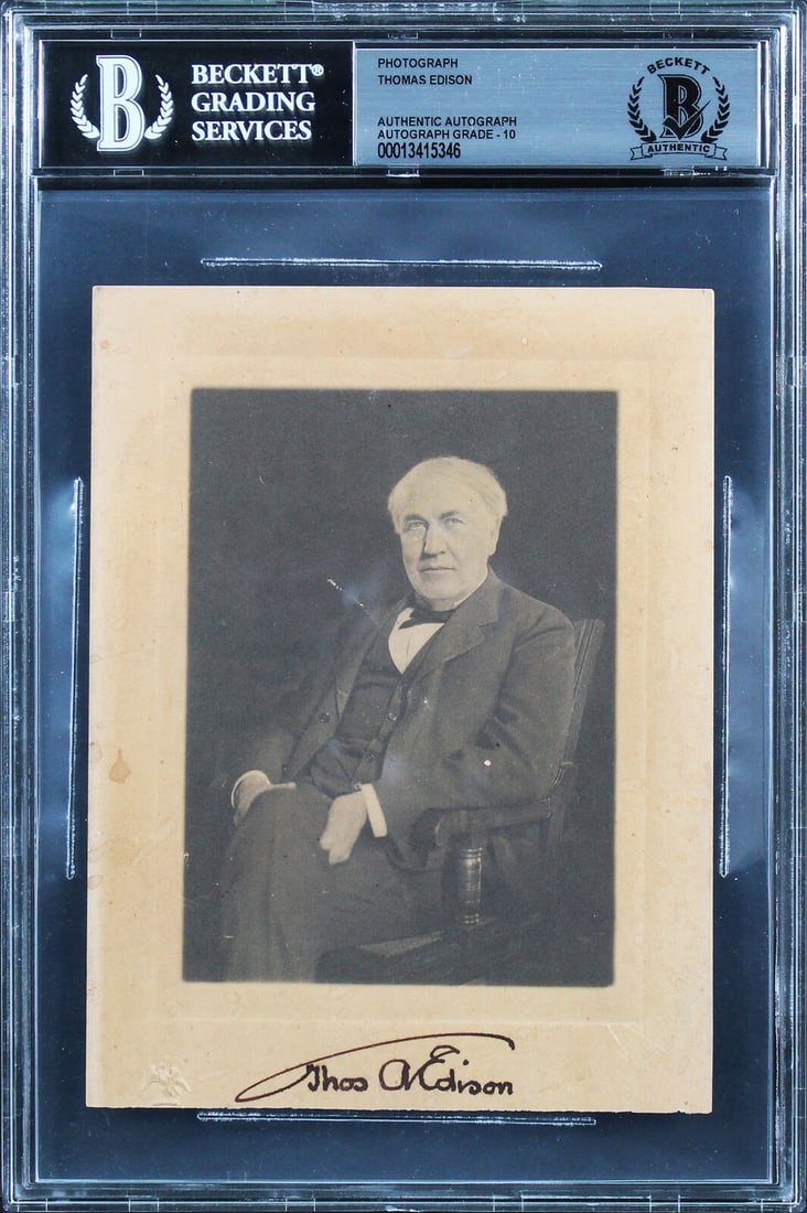 Thomas Edison Signed 4.65x6 Cabinet Photo Gem Mint 10 Beckett Authenticated: Thomas Edison Signed 4.65x6 Cabinet Photo Gem Mint 10 Beckett Authenticated This remarkable 4.65x6 cabinet photo features the authentic signature of Thomas Edison, graded as Gem Mint 10 by Beckett Aut