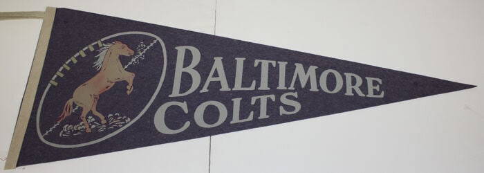 1950s Original Baltimore Colts Vintage Pennant for Collectors: 1950s Original Baltimore Colts Vintage Pennant for Collectors This 1950's Vintage Baltimore Colts Pennant is a remarkable piece for collectors and fans alike. It is an original item in excellent