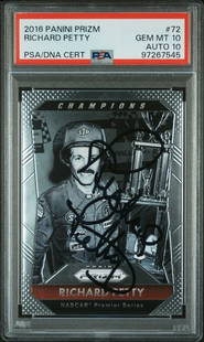 2016 Panini Prizm #72 Richard Petty Autograph Card PSA GEM MT 10: 2016 Panini Prizm #72 Richard Petty Autograph Card PSA GEM MT 10 This is a 2016 Panini Prizm #72 card featuring the autograph of Richard Petty, a legendary figure in motorsport. The card has been
