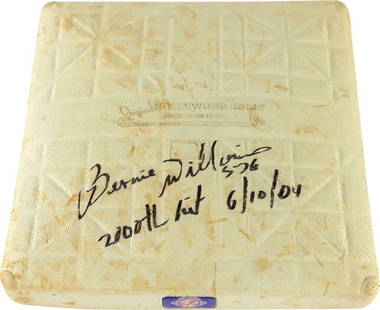 Bernie Williams Signed Game-Used Base 2000th Hit with Steiner COA: Bernie Williams Signed Game-Used Base 2000th Hit with Steiner COA Celebrate a significant moment in baseball history with this game-used base from Bernie Williams' 2,000th hit, achieved on June 10,