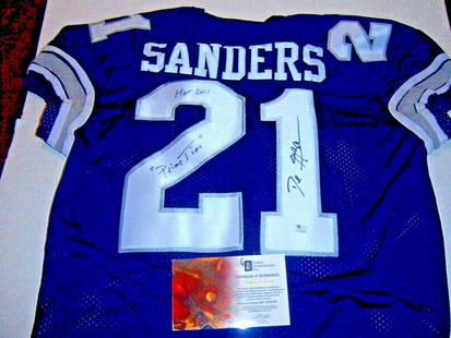 Deion Sanders Dallas Cowboys Signed Russell Jersey with GAI COA: Deion Sanders Dallas Cowboys Signed Russell Jersey with GAI COA Celebrate the legacy of football with this officially licensed Deion Sanders Dallas Cowboys jersey. This pre-owned jersey showcases