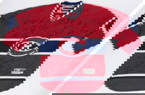 Montreal Canadiens Signed Jersey with 100 Hockey Legends Beckett Authenticated: Montreal Canadiens Signed Jersey with 100 Hockey Legends Beckett Authenticated This original Reebok size-L Montreal Canadiens jersey is a remarkable collectible signed by approximately 100 hockey