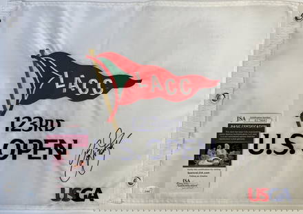 Rickie Fowler Signed 123rd U.S. Open-LACC Flag JSA Authenticated: Rickie Fowler Signed 123rd U.S. Open-LACC Flag JSA Authenticated This official 123rd U.S. Open-LACC pin flag features the signature of PGA star Rickie Fowler, making it a prized collectible for golf