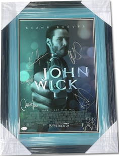 John Wick Cast Autographed Poster Framed 26x19 JSA Certified: John Wick Cast Autographed Poster Framed 26x19 JSA Certified This original autographed poster features the cast of John Wick, including Keanu Reeves. The poster is professionally framed and measures
