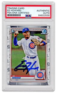Ed Howard Autographed Chicago Cubs 2020 Topps Bowman Chrome RC #BD-98 PSA 7: Ed Howard Autographed Chicago Cubs 2020 Topps Bowman Chrome RC #BD-98 PSA 7 This is a Chicago Cubs 2020 Topps Bowman Chrome rookie card #BD-98, autographed by Ed Howard. The card features a pristine g