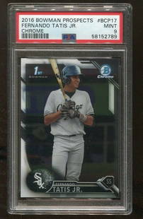 Fernando Tatis Jr. 2016 Bowman Chrome #BCP17 RC PSA 9 Baseball Card: Fernando Tatis Jr. 2016 Bowman Chrome #BCP17 RC PSA 9 Baseball Card This is a 2016 Bowman Chrome #BCP17 rookie card of Fernando Tatis Jr., graded PSA 9. The card features Tatis Jr. during his early ca