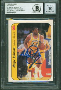 Magic Johnson Signed 1986 Fleer Stickers #7 Card Graded Gem Mint 10 BAS: Magic Johnson Signed 1986 Fleer Stickers #7 Card Graded Gem Mint 10 BAS This is a 1986 Fleer Stickers #7 card featuring Magic Johnson, personally signed and graded Gem Mint 10 by Beckett