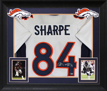 Shannon Sharpe Signed Denver Broncos Framed Jersey with Beckett Authentication: Shannon Sharpe Signed Denver Broncos Framed Jersey with Beckett Authentication Celebrate the legacy of Shannon Sharpe with this authentic signed white pro-style framed jersey from his time with the