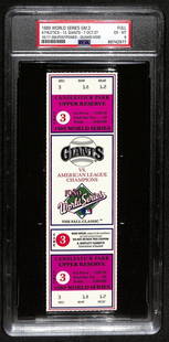 1989 World Series Game 3 Full Ticket A's vs Giants PSA/DNA EX-MT 6: 1989 World Series Game 3 Full Ticket A's vs Giants PSA/DNA EX-MT 6 Offered is an original 1989 World Series Game 3 full ticket from the historic matchup between the Oakland Athletics and the San