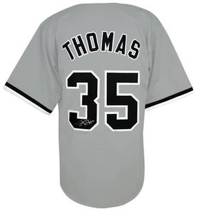 Frank Thomas Signed XL Grey Custom Jersey Chicago White Sox -: Frank Thomas Signed XL Grey Custom Jersey Chicago White Sox - This is a pre-owned, grey custom baseball jersey signed by Frank Thomas, a legendary player for the Chicago White Sox. The jersey