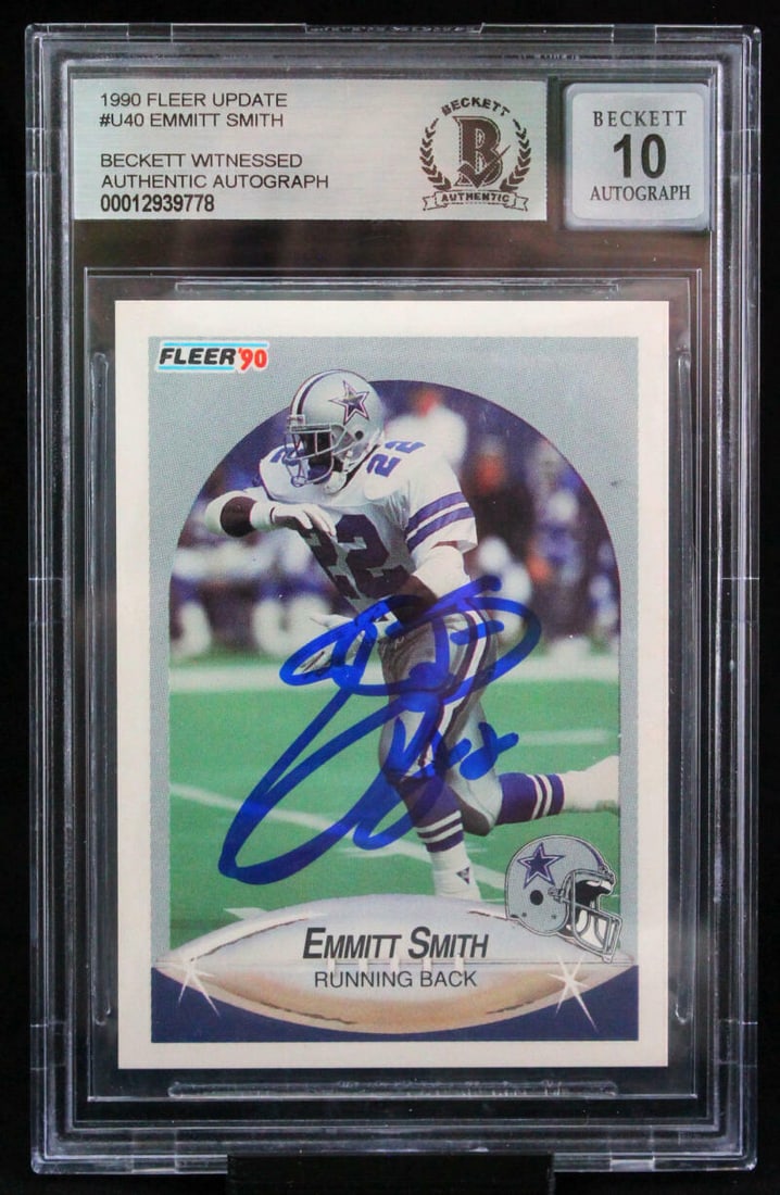 1990 Fleer Update Emmitt Smith #U40 Rookie Card BAS Autographed Dallas Cowboys: 1990 Fleer Update Emmitt Smith #U40 Rookie Card BAS Autographed Dallas Cowboys Discover this collectible sports trading card featuring Emmitt Smith, one of the NFL's greatest players. This 1990 Fleer 