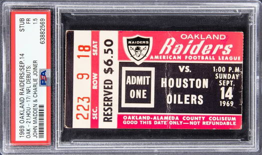 John Madden 1969 NFL Coaching Debut Ticket Oakland Raiders PSA 5: John Madden 1969 NFL Coaching Debut Ticket Oakland Raiders PSA 5 This is a vintage ticket stub commemorating Hall of Fame coach John Madden's first game as head coach of the Oakland Raiders, held on