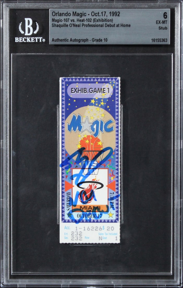 Shaquille O'Neal Signed NBA Debut Ticket 1992 EX-MT 6 Auto 10 Beckett: Shaquille O'Neal Signed NBA Debut Ticket 1992 EX-MT 6 Auto 10 Beckett Commemorate a historic moment in basketball with this Magic Shaquille O'Neal "NBA Debut" signed ticket from October 17, 1992, feat