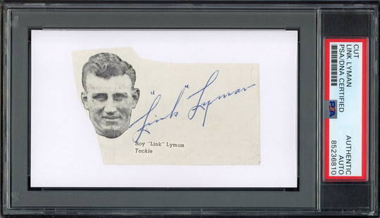 Link Lyman HOF Autographed 3x5 Photo Chicago Bears PSA/DNA: Link Lyman HOF Autographed 3x5 Photo Chicago Bears PSA/DNA Offered is a Link Lyman HOF Signed/Auto Cut Photo on a 3x5 Card Chicago Bears. This original photograph is authenticated by PSA/DNA and is