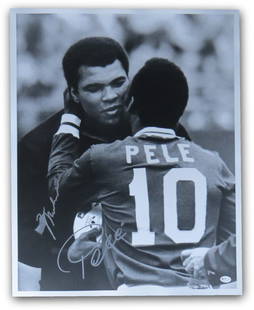 Muhammad Ali Pele Dual Signed 16X20 Photo with Online Authentics: Muhammad Ali Pele Dual Signed 16X20 Photo with Online Authentics This striking 16X20 photo features the legendary Muhammad Ali and Pele, both icons in their respective sports. The image captures a