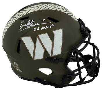 Joe Theismann Signed Commanders Salute Helmet with 83 MVP Inscription: Joe Theismann Signed Commanders Salute Helmet with 83 MVP Inscription This is a signed Washington Commanders Salute to Service Riddell full-size speed replica helmet featuring Joe Theismann's