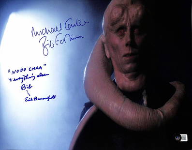 Michael Carter Erik Bauersfeld Signed Bib Fortuna 11x14 Photo Beckett Authenticated: Michael Carter Erik Bauersfeld Signed Bib Fortuna 11x14 Photo Beckett Authenticated This stunning 11x14 color photograph features the iconic characters Bib Fortuna from Star Wars: Return of the