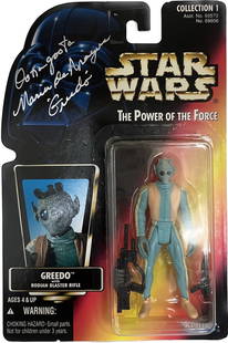 Maria de Aragon Greedo Signed Star Wars Action Figure BAS: Maria de Aragon Greedo Signed Star Wars Action Figure BAS This original Star Wars action figure from the Power of the Force series features a striking silver paint pen autograph by Maria de Aragon, wh